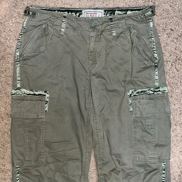 Abercrombie & Fitch Utility Cargo Pants Baggy Y2K Style Olive Satin Accents - Picture 9 of 16